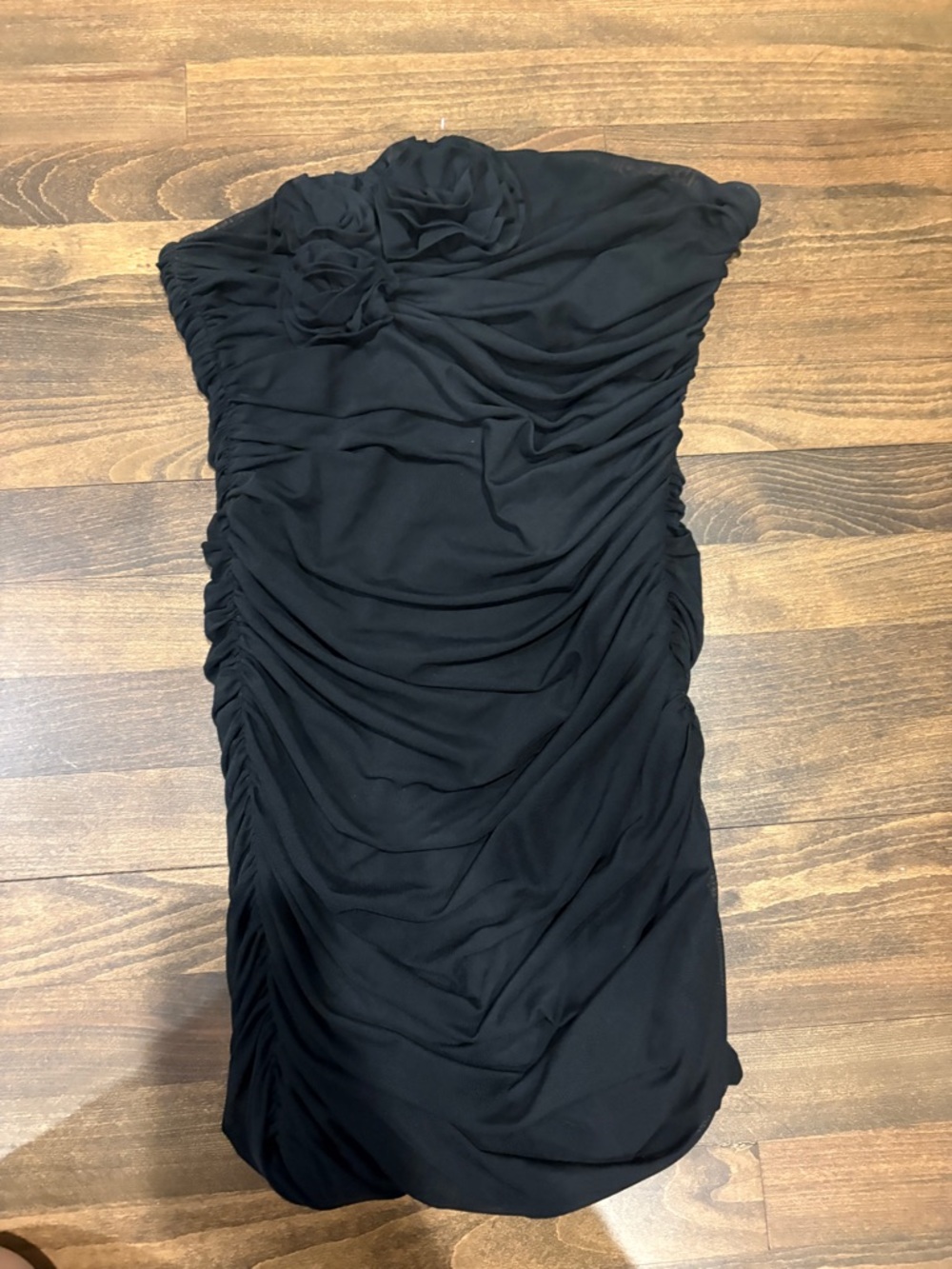 Black Strapless Ruched Mesh Dress